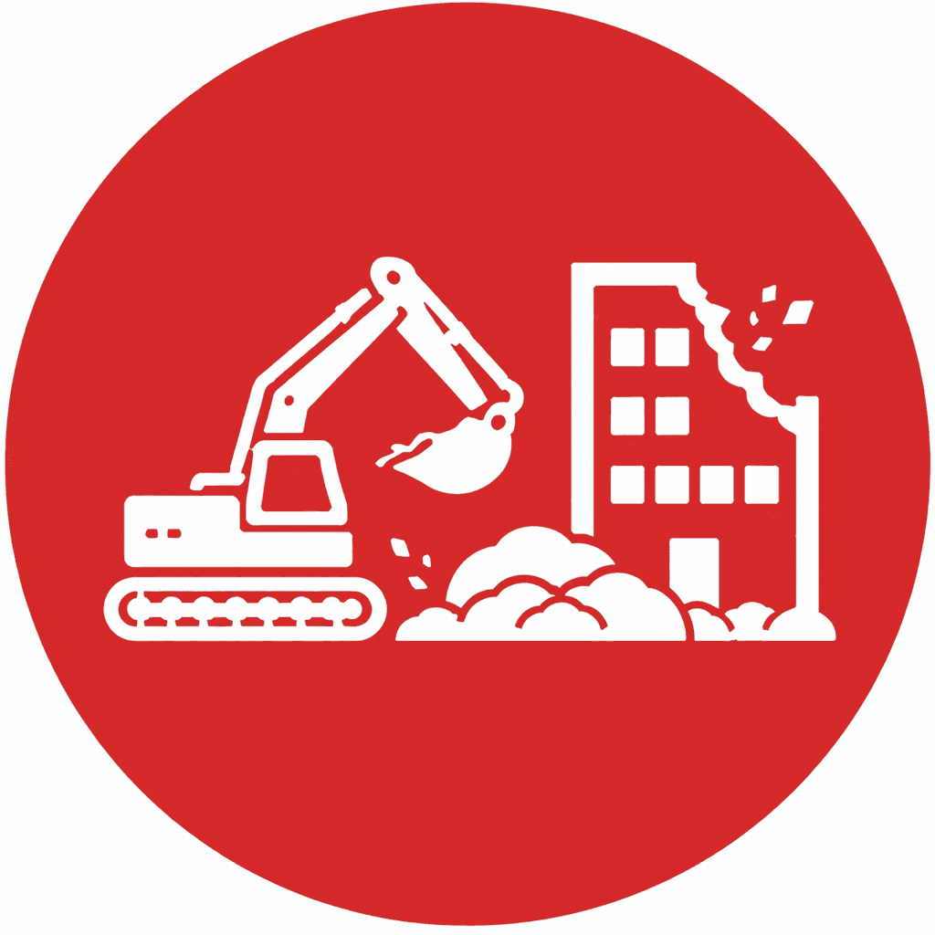 Excavator demolishing a building with debris and dust, symbolizing efficient demolition services by VM Demolition in Houston.
