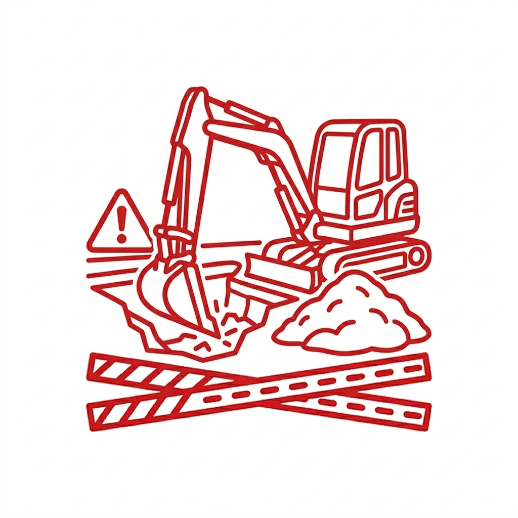 Excavator digging in construction site with warning sign and safety barriers, illustrating excavation services offered by VM Demolition in Houston, TX.