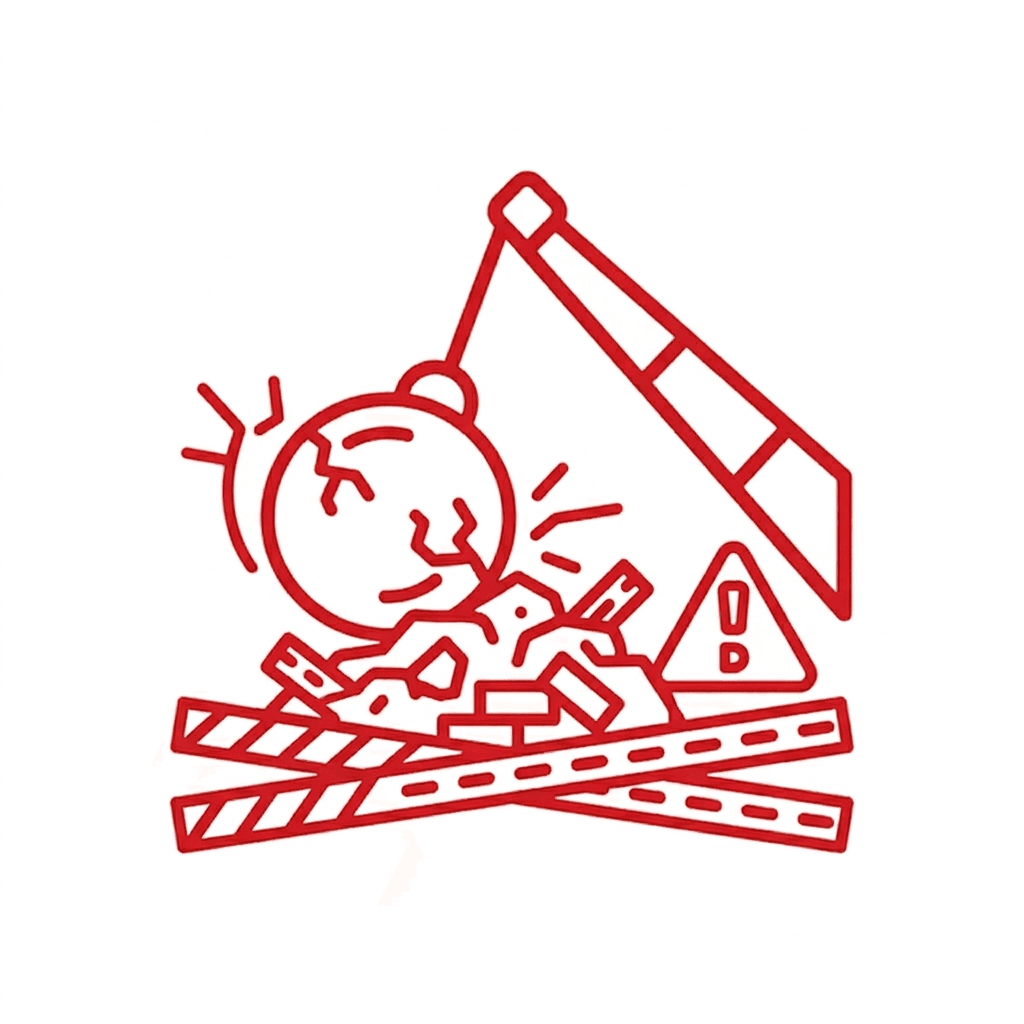 Demolition icon featuring a wrecking ball, debris, and caution signs, symbolizing VM Demolition's residential demolition services in Houston.