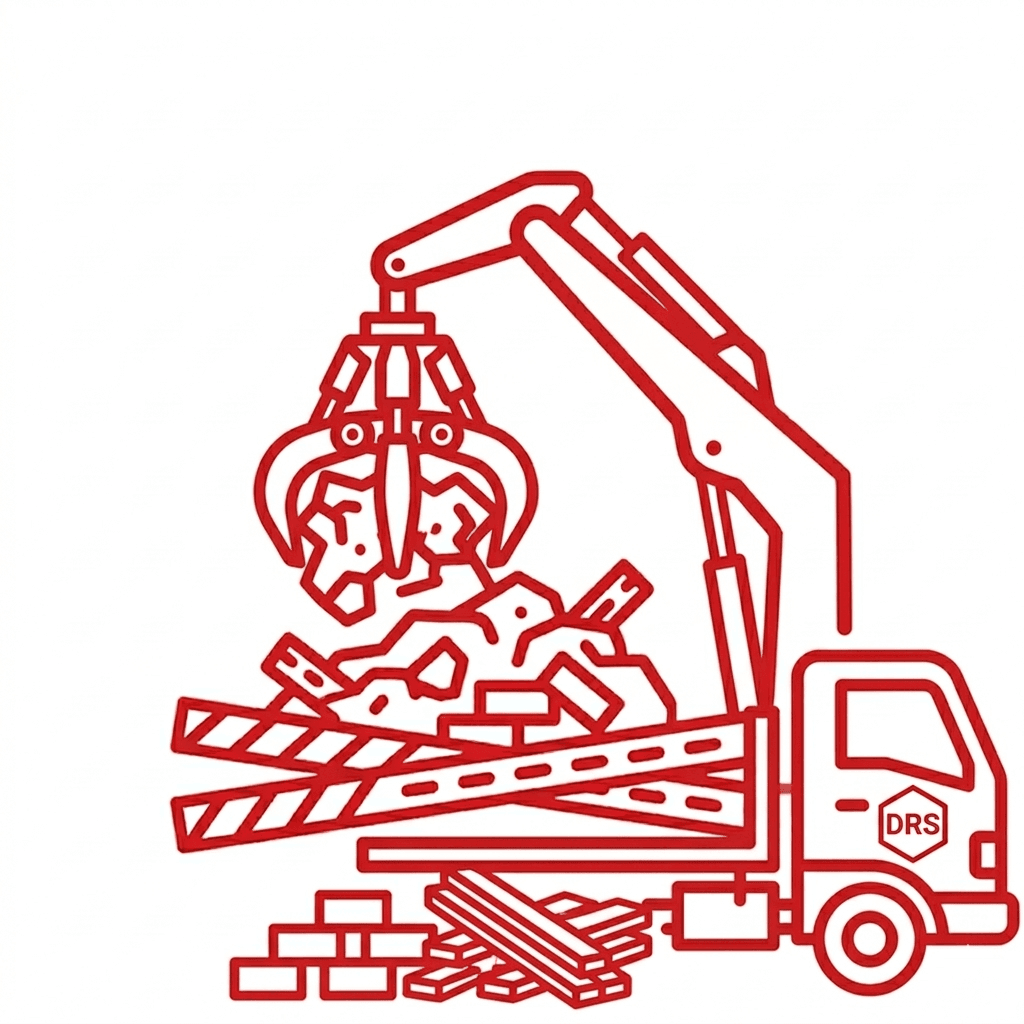 Construction debris removal truck with crane lifting waste materials, emphasizing efficient cleanup services for demolition and construction sites in Houston, TX.