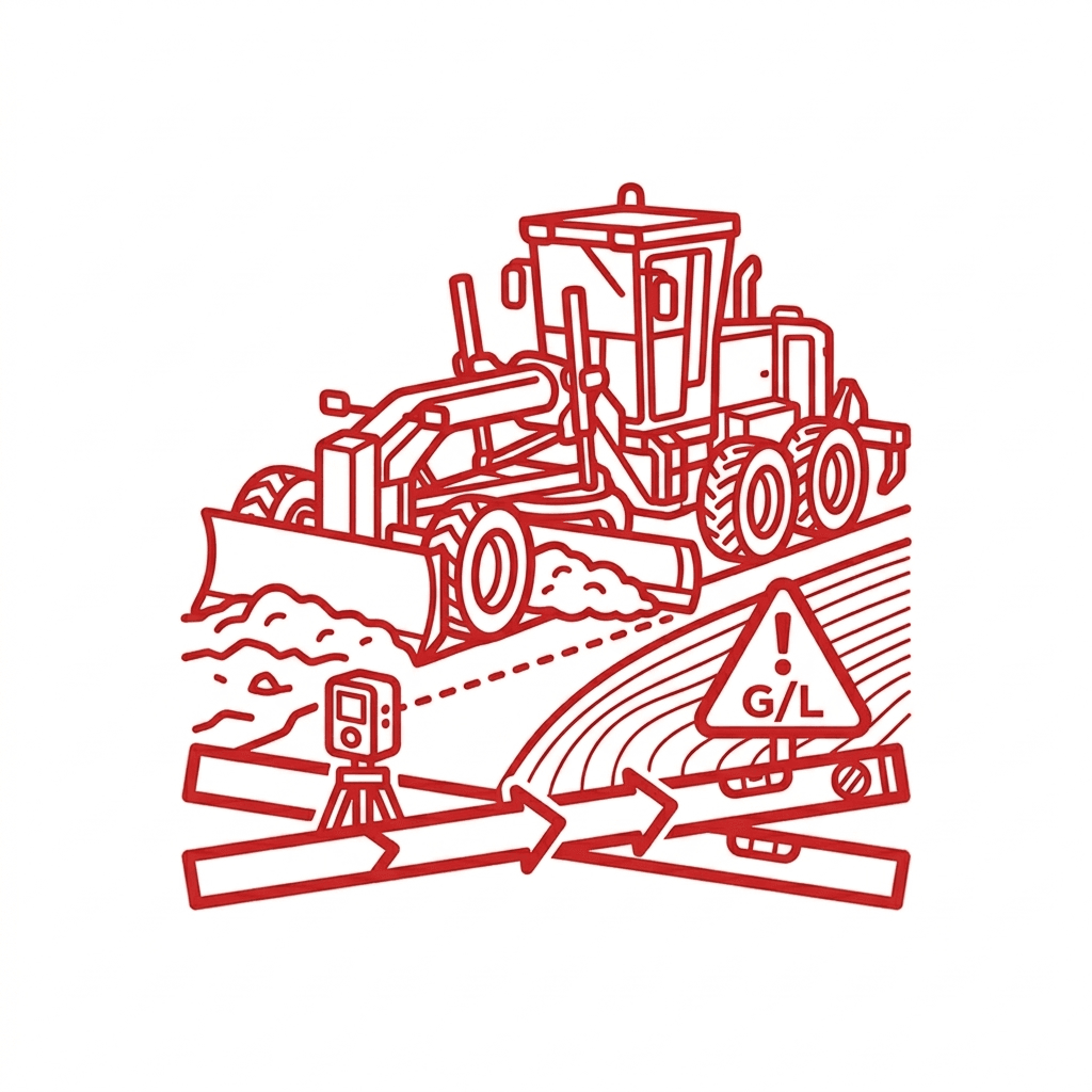 Heavy grading machine preparing land for construction, with surveying equipment and grading markings, symbolizing land clearing and site preparation services in Houston, TX.