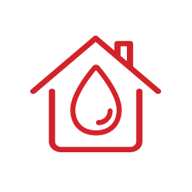 House icon with water droplet, representing VM Demolition's flood water removal services for residential and commercial properties in Willis and Conroe, TX.