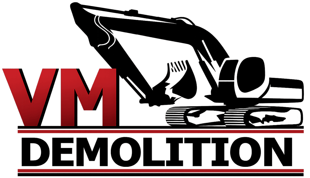VM Demolition logo featuring an excavator graphic, emphasizing demolition services in Houston, TX.